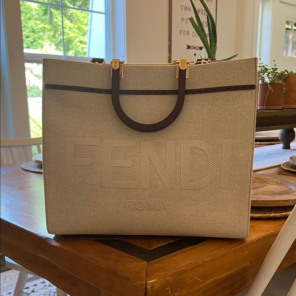 Fendi Beige Canvas Roma Tote with Dark Brown Leather Handles